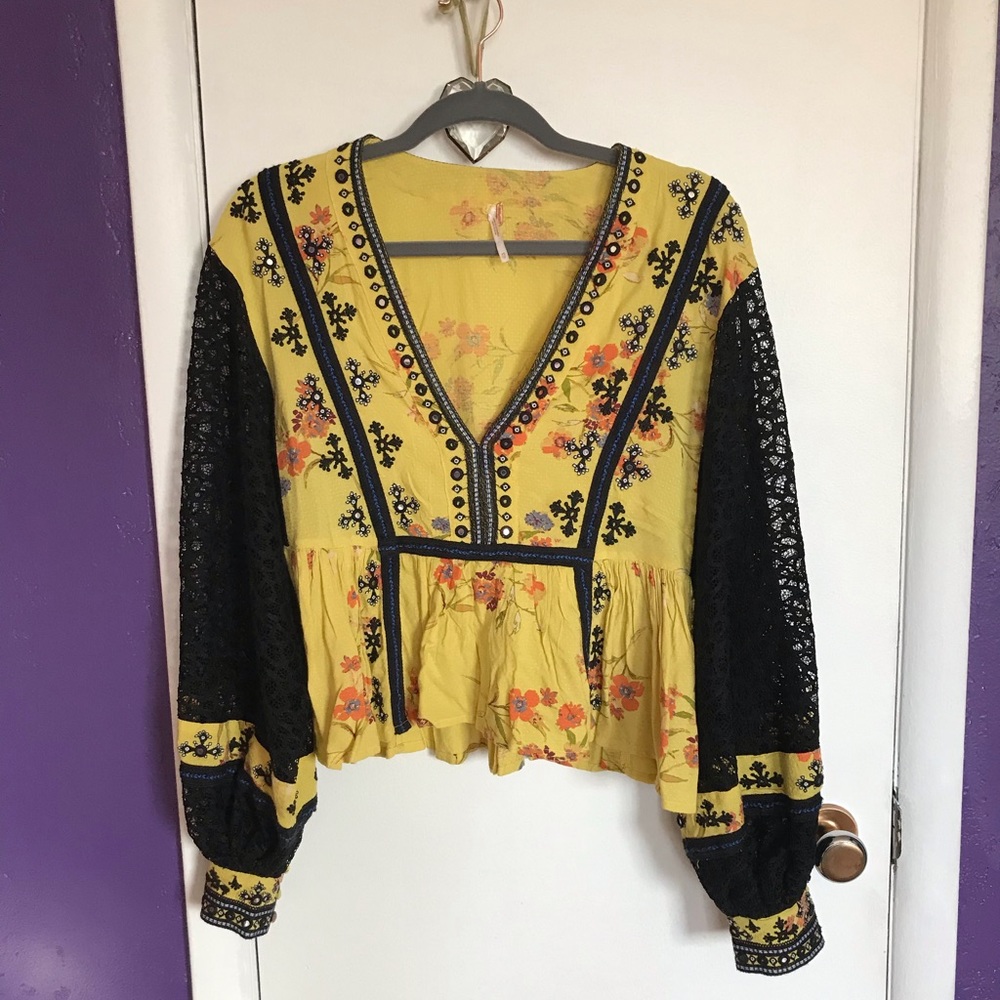 Free People Boogie All Night Yellow and Black Top